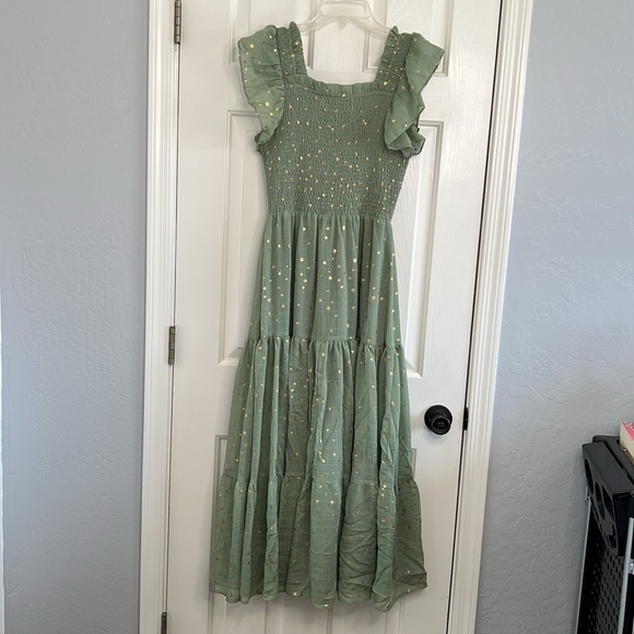 JessaKae sage green gold star print smocked top tiered maxi dress size XS - Picture 2 of 10